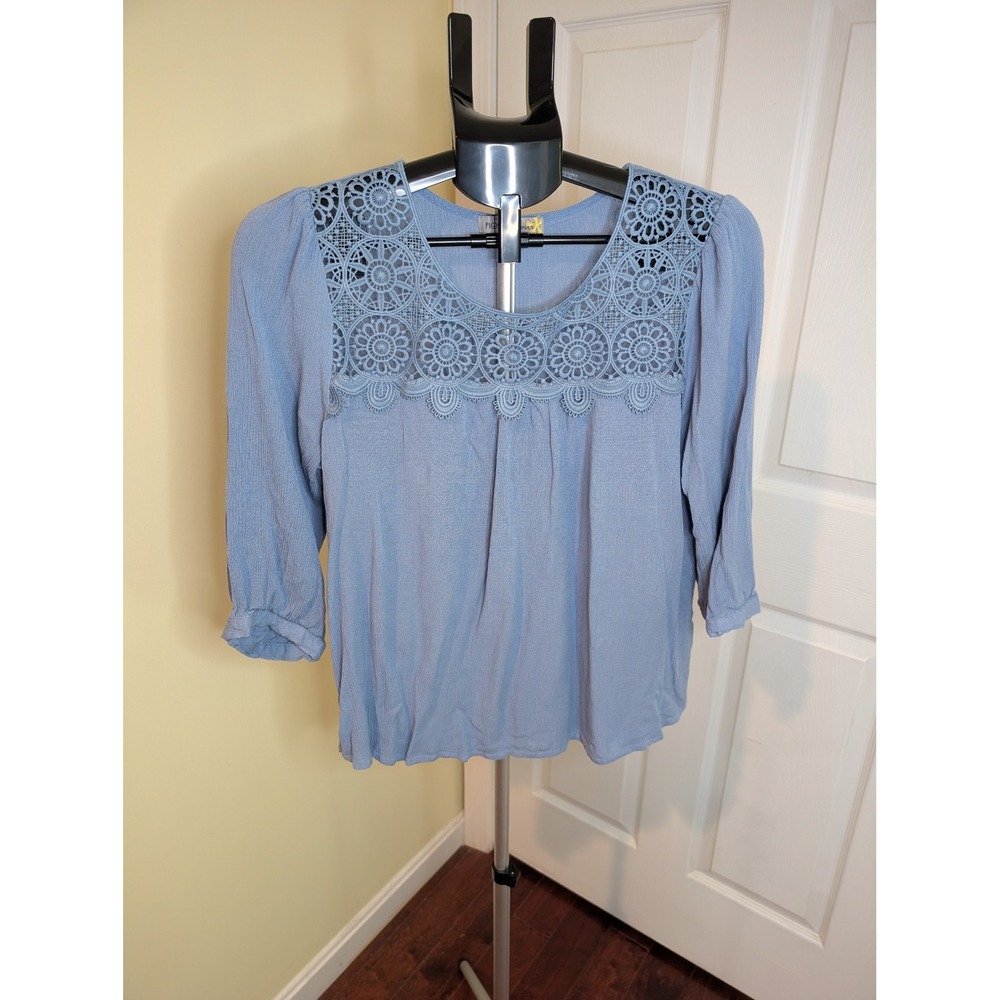 Figueroa & Flower Blouse Blue Crochet Lace‎ Gauze Boho Top - Size XL